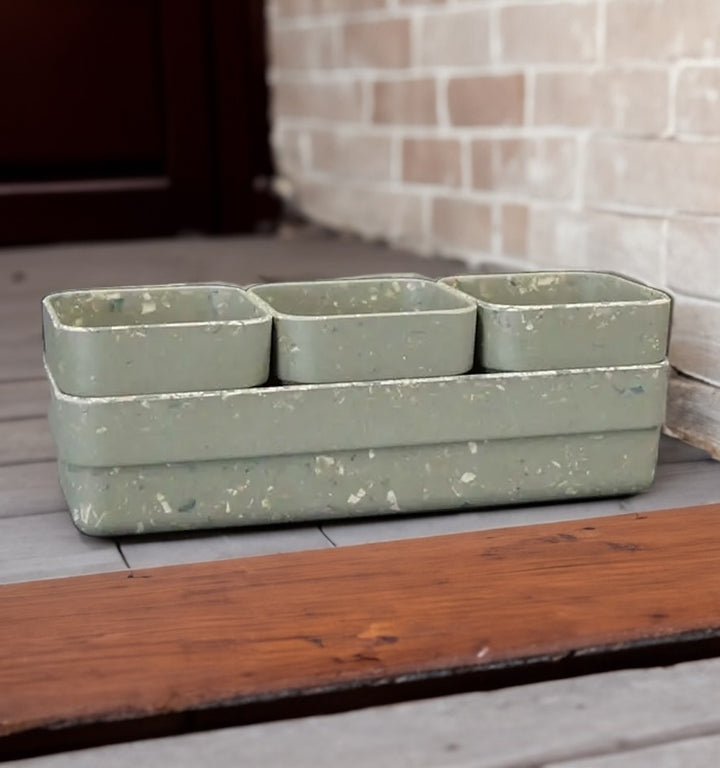 Trio Pots and Tray Sage Bamboo Terrazzo Design Recycled