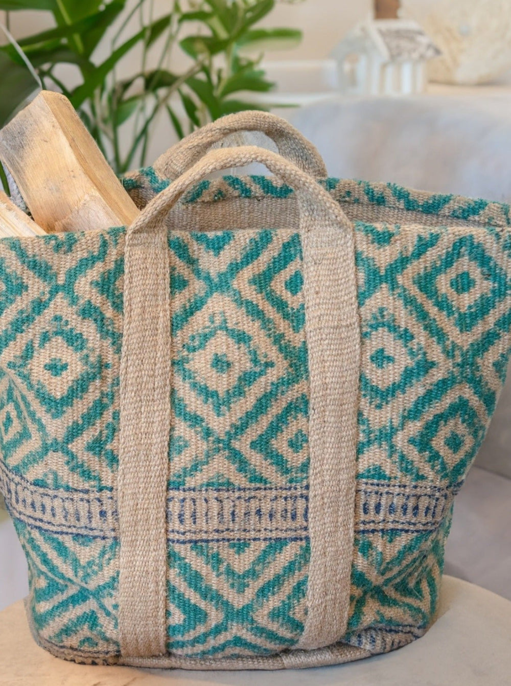 Turquoise Diamond Jute Log Storage Bag Second Nature Online