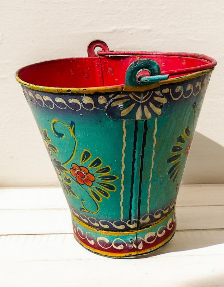 Vintage Iron Hand Painted Turquoise Ethical Floral Design Bucket