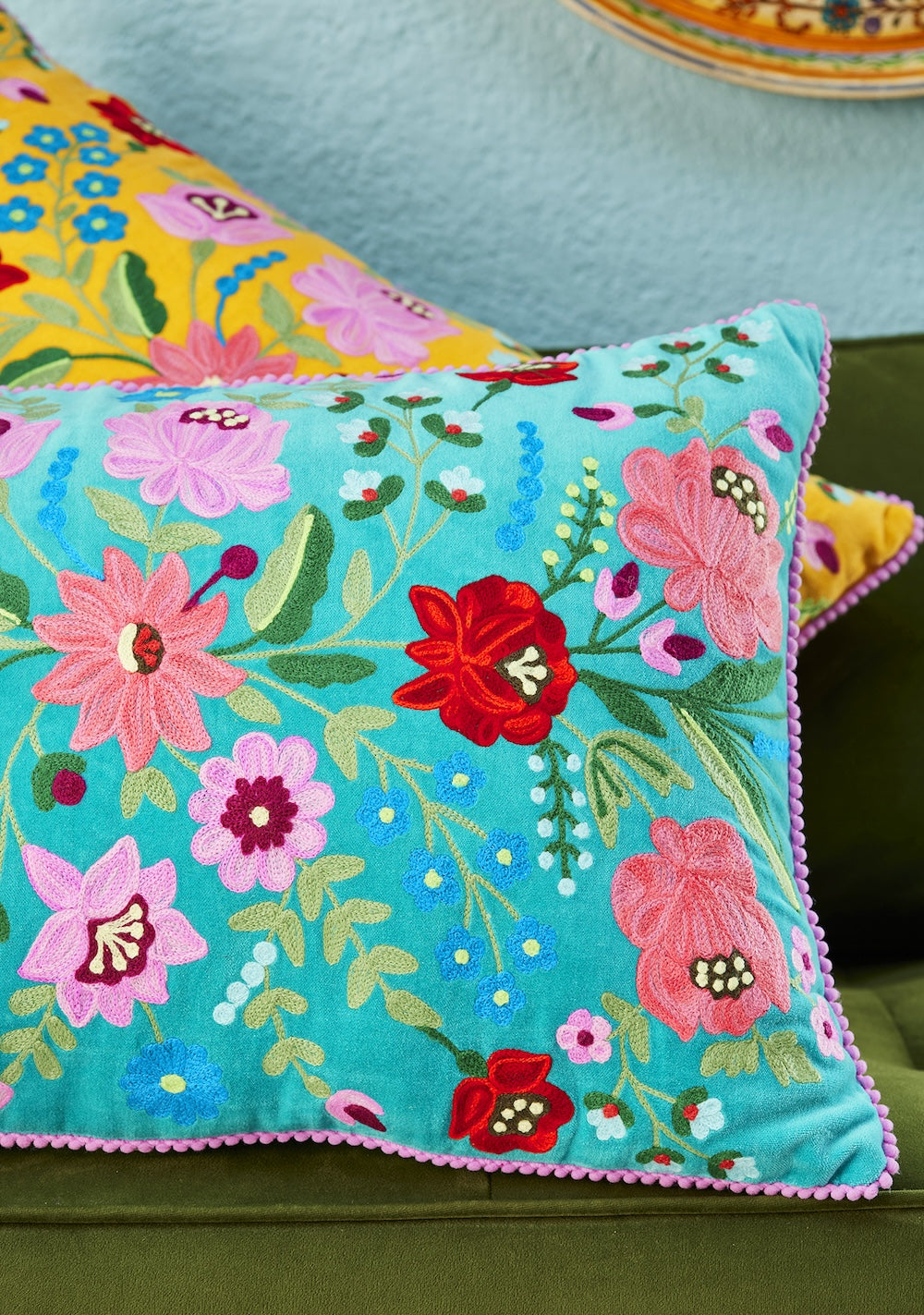 Close Up of Turquoise Velvet Cotton Cushion Cover