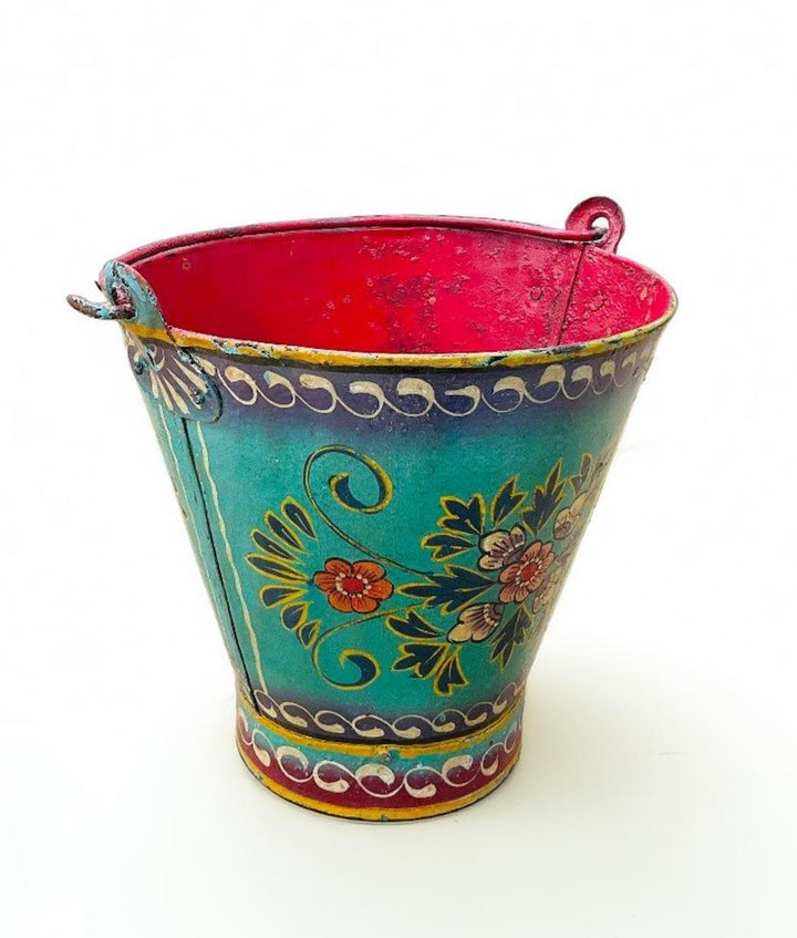 Vintage Iron Hand Painted Turquoise Ethical Floral Design Bucket