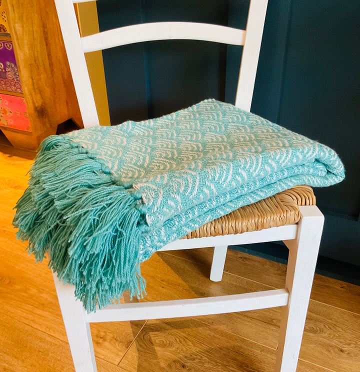 Turquoise Patterned Throw Soft Durable and Washable With Fringe 125 x 150 cm