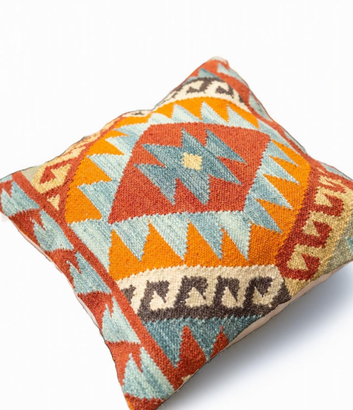 Hand Crafted Diamond Wool and Cotton Multi Colour Blue Terracota Kilim Cushion Cover 50 cm x 50 cm
