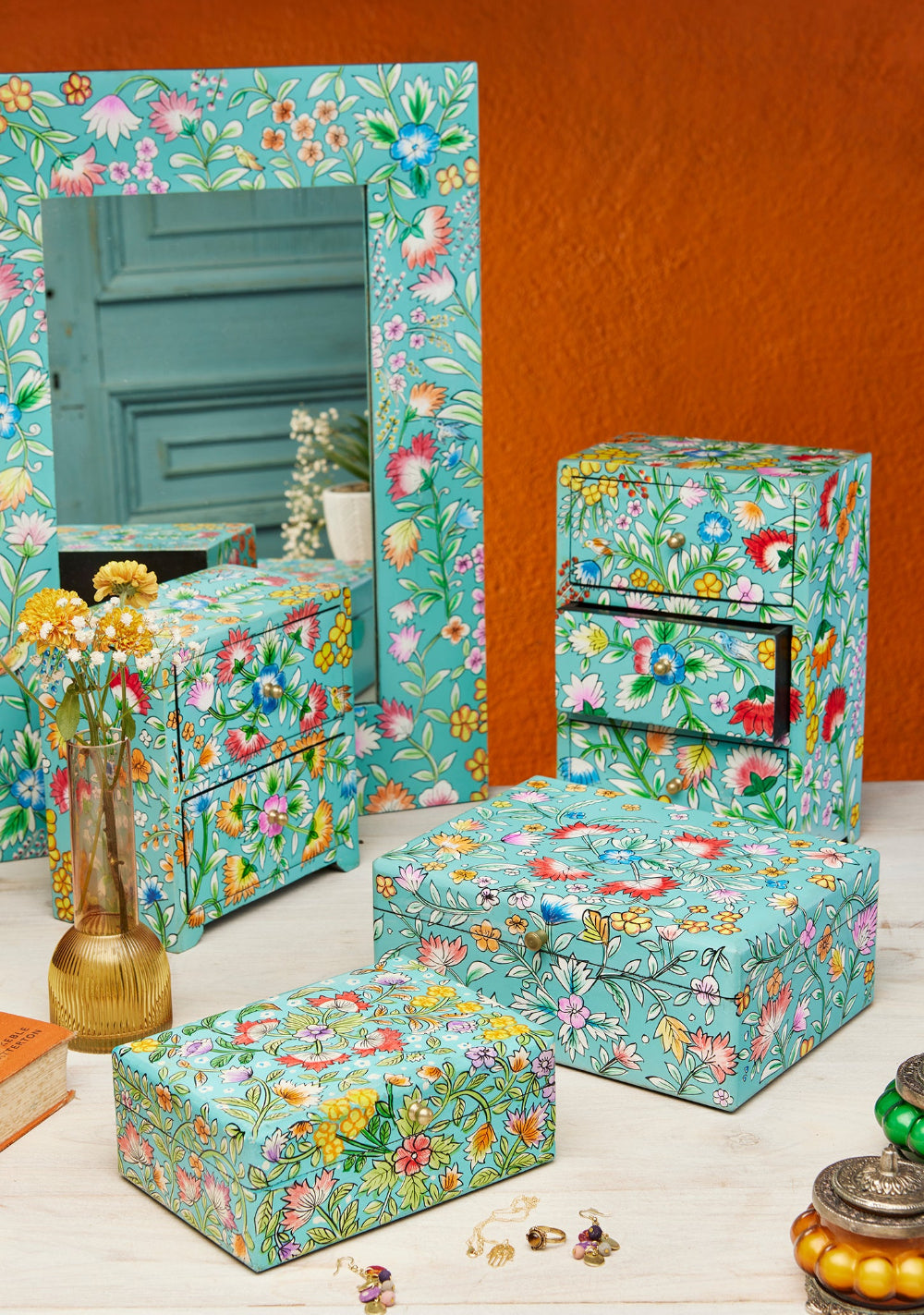 Collection of Hand Painted Indian Floral Design Boxes Chest or Mirror