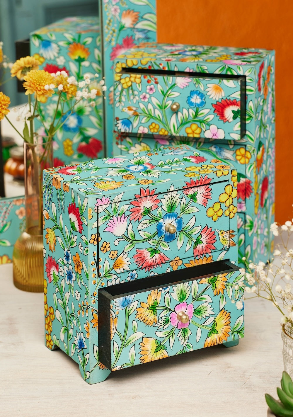 Hand Painted Floral Chest Of Drawers for Jewellery