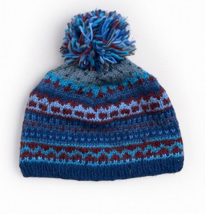 Hand Made Warm Cosy Multi Coloured Blue New Zealand Wool Bobble Hat with Fleece Inner Lining