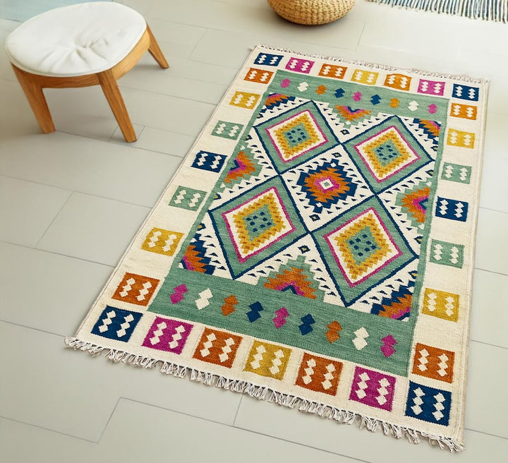 Handwoven Indian Kilim Rug – 120x180cm Wool & Cotton | Colourful Geometric Flatweave