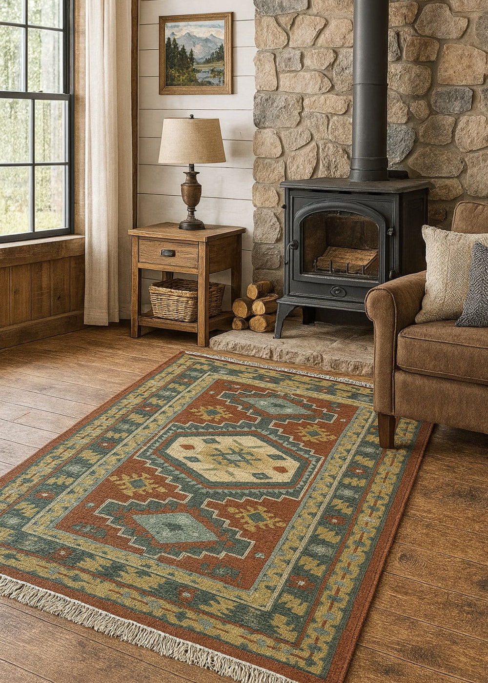 Rustic living room with patterned wool kilim rug, wood stove, stone hearth, and wooden furniture.