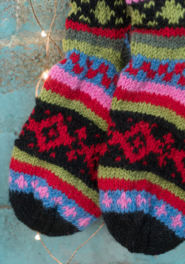 New Zealand Wool Large Socks Black Red Pink Multi Colours Striped Pattern