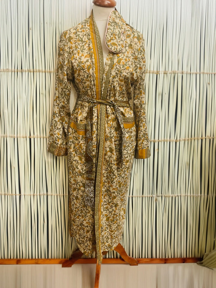 Yellow Green Dressing Gown Made from Recycled Sari's With Matching Eye Mask Small / Medium