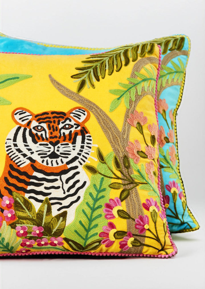 Yellow Cotton Velvet Tiger Cushion Cover - Second Nature Online