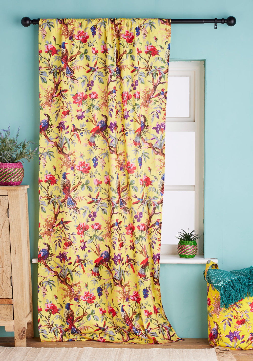 Yellow Curtain Panel With Bird Of Paradise Design - Second Nature Online