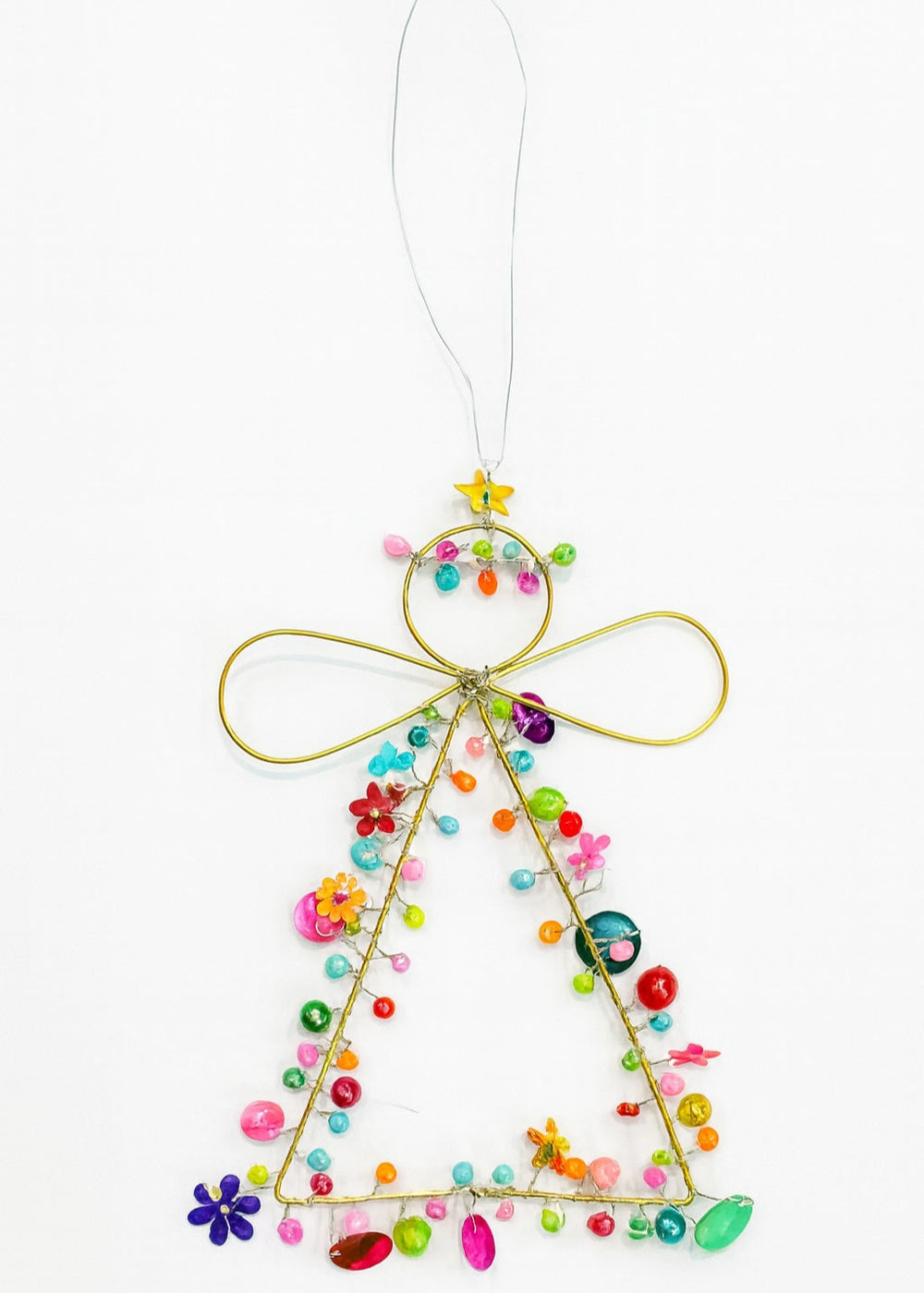 Decorative angel ornament with colourful beads on a white background