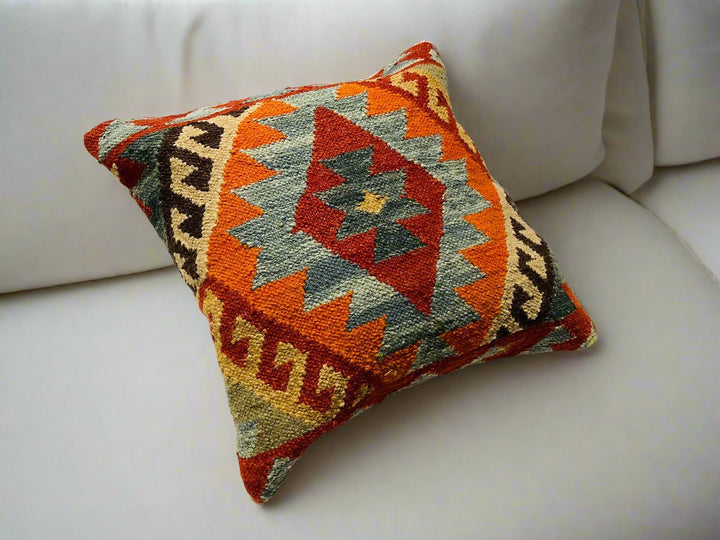 Hand Crafted Diamond Wool and Cotton Multi Colour Blue Terracota Kilim Cushion Cover 50 cm x 50 cm