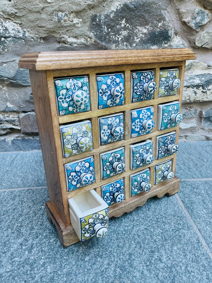 Mango Wood Hand Painted Blue Green Ceramic 16 Drawer Chest