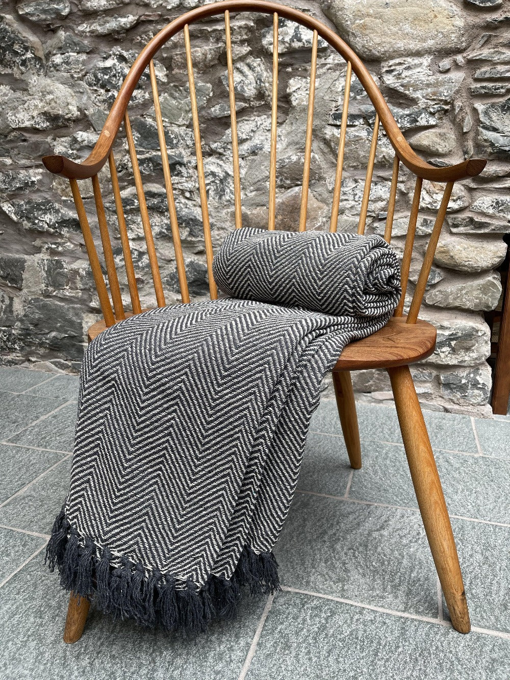 Large Grey Throw in Heavy Cotton with Herringbone Design - Second Nature Online