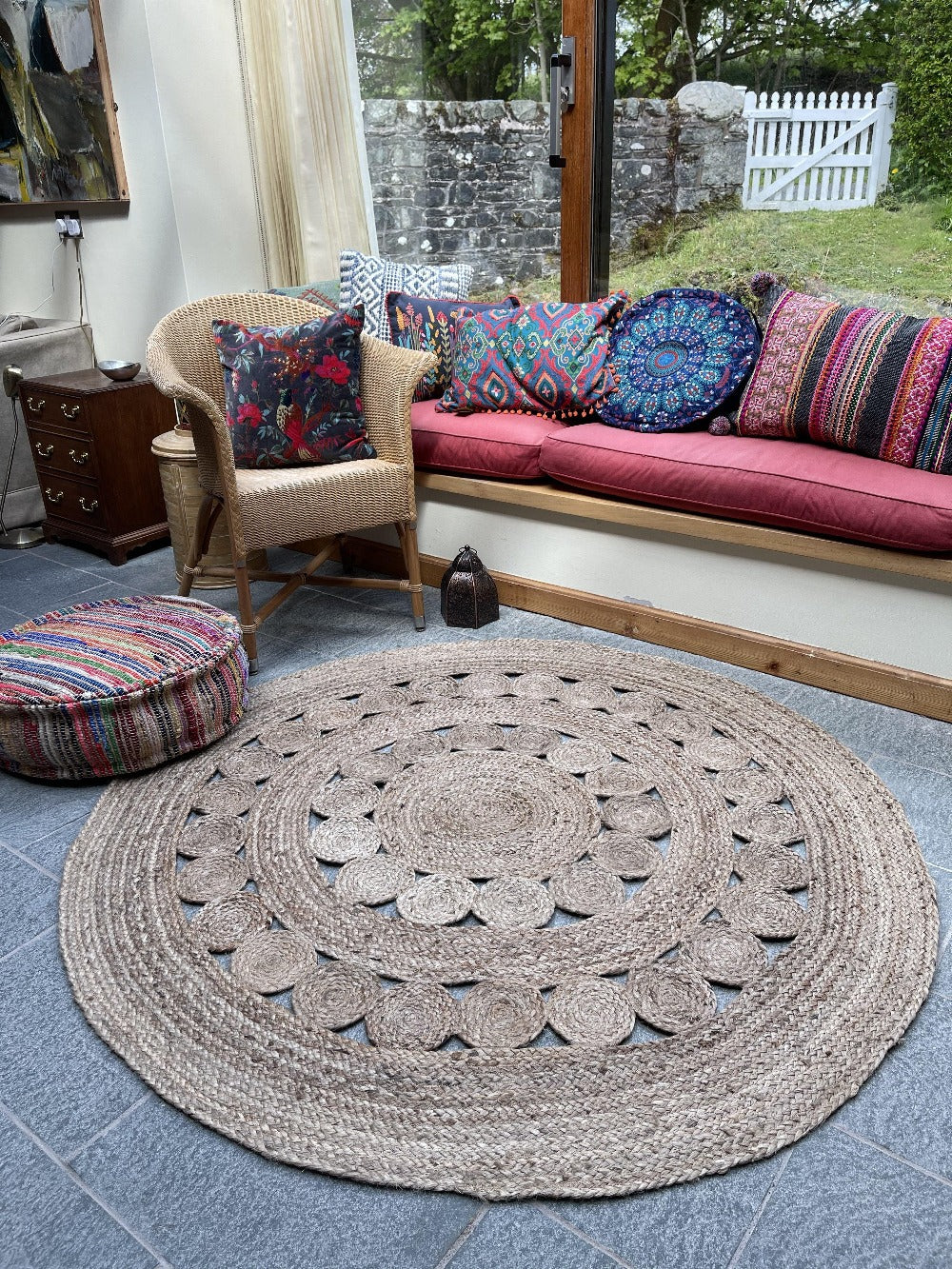 GHERANA Circle Rug Jute in Flat Weave Round Design - Second Nature Online