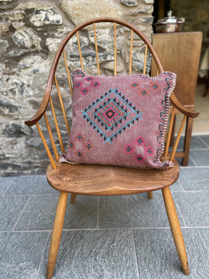 Stonewash Square Cushion Cover with Indian Embroidery Detail - Second Nature Online