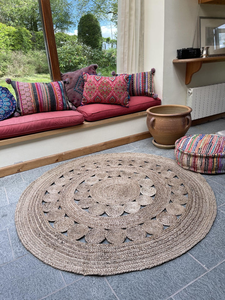 GHERANA Circle Rug Jute in Flat Weave Round Design - Second Nature Online