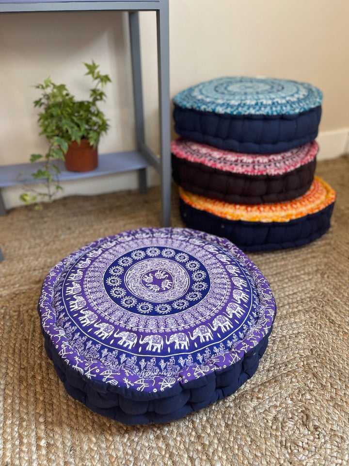 Elephant Yoga Printed Design Cushion Pouffe Floor Cushion Available In Orange, Pink, Blue or Purple