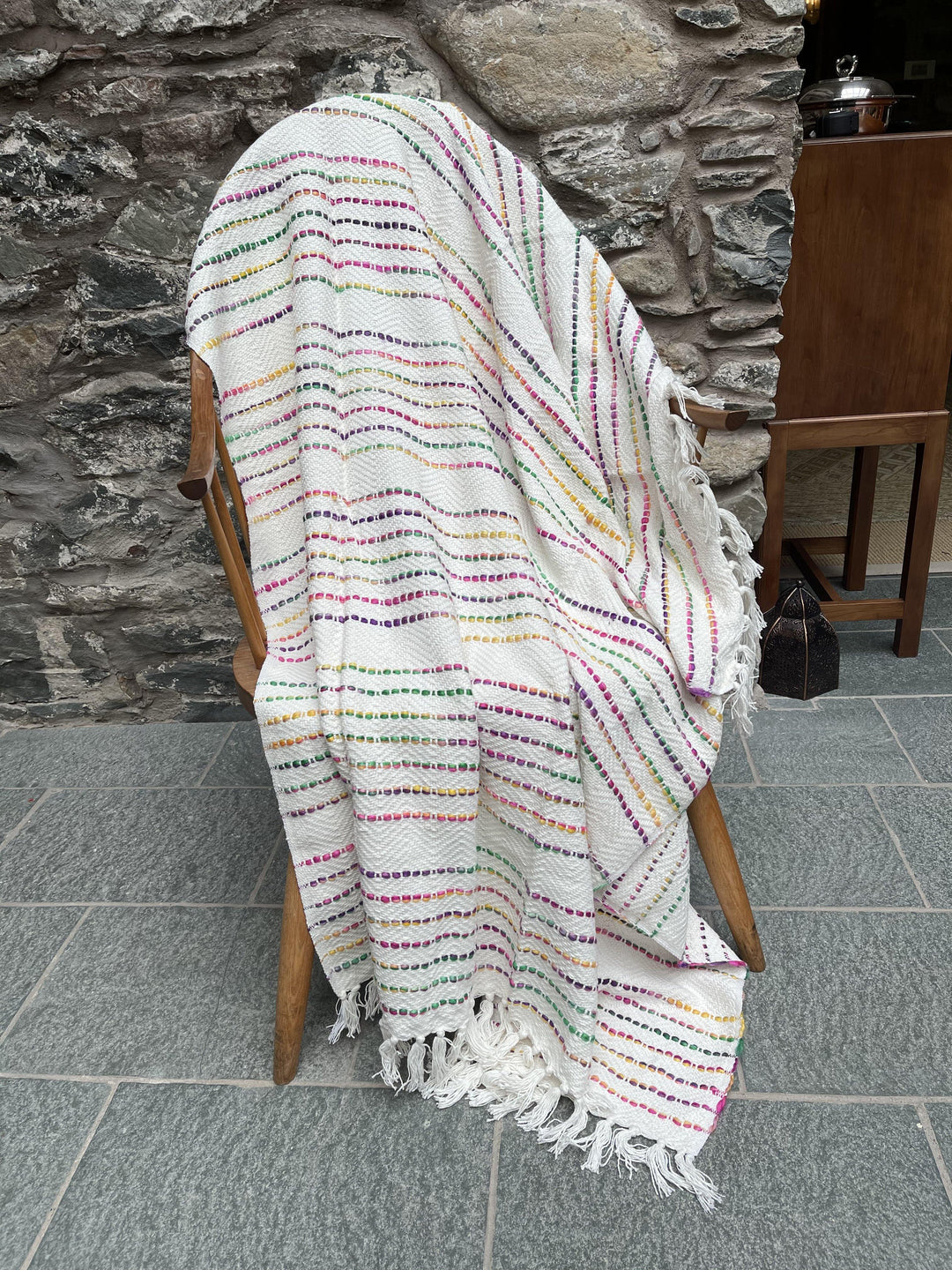 Small Rainbow Throw with White Cotton and Multi Colour Stripes - Second Nature Online