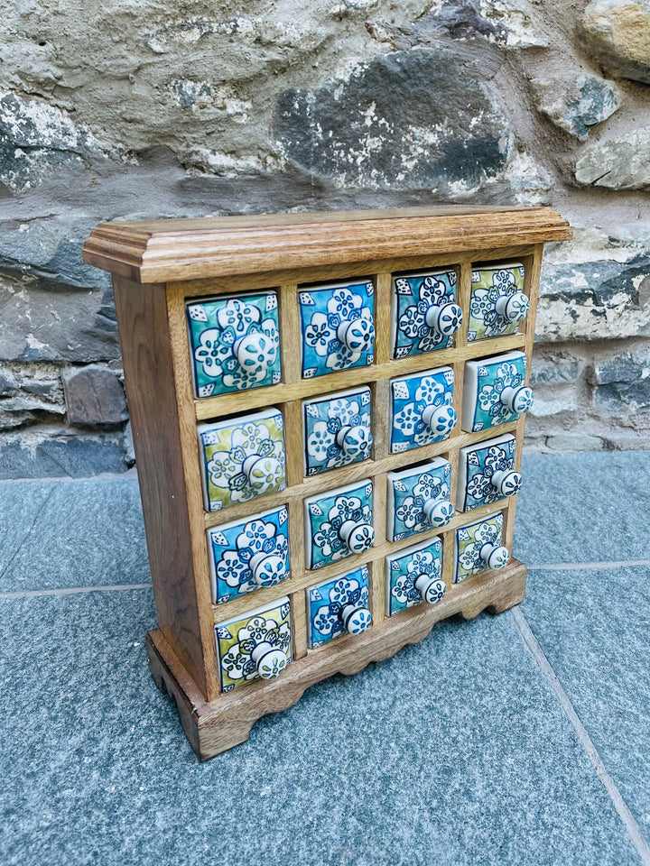 Mango Wood Hand Painted Blue Green Ceramic 16 Drawer Chest