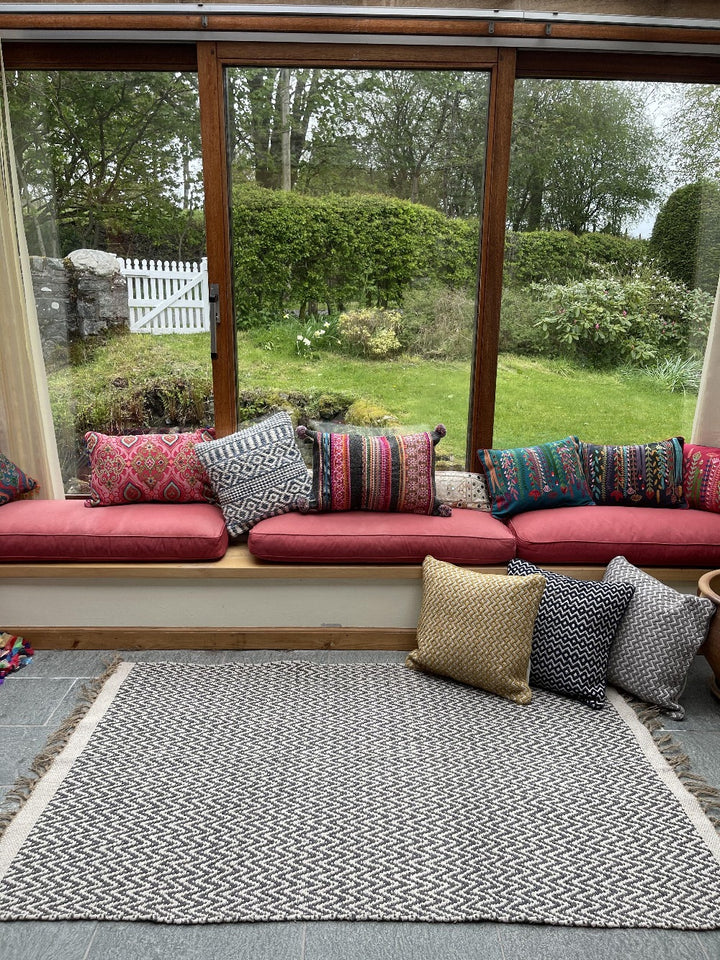 Greta Soft Bedroom Rug Grey Dark Herringbone Pattern - Second Nature Online