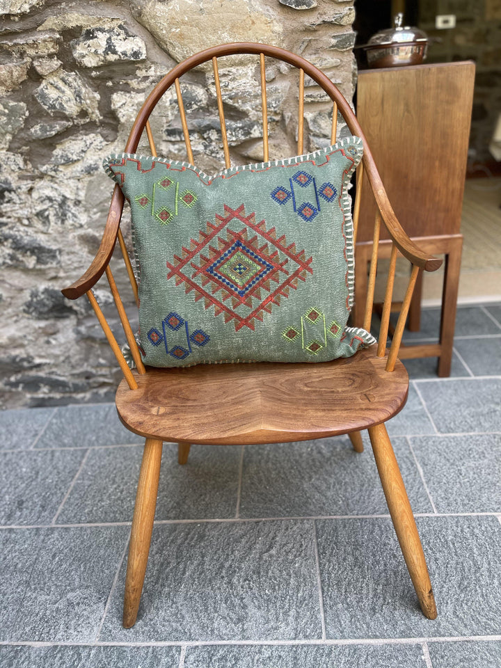 Stonewash Square Cushion Cover with Indian Embroidery Detail - Second Nature Online