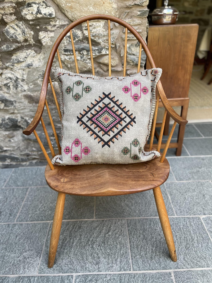 Stonewash Square Cushion Cover with Indian Embroidery Detail - Second Nature Online