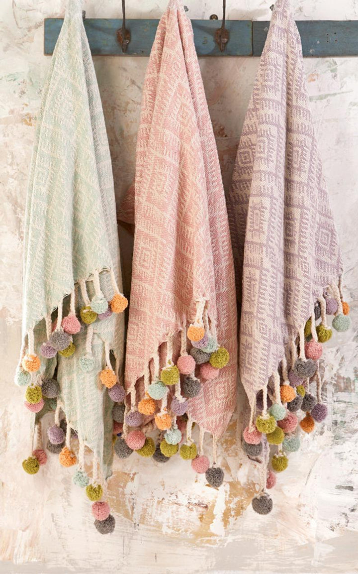 Rose Pink Recycled Cotton Throw with Multi Colour Pom Poms