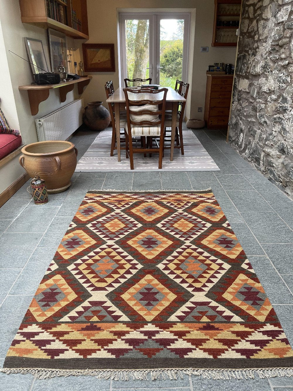 Alwar Geometric Kilim Rug in Brown Red Orange Design - Second Nature Online
