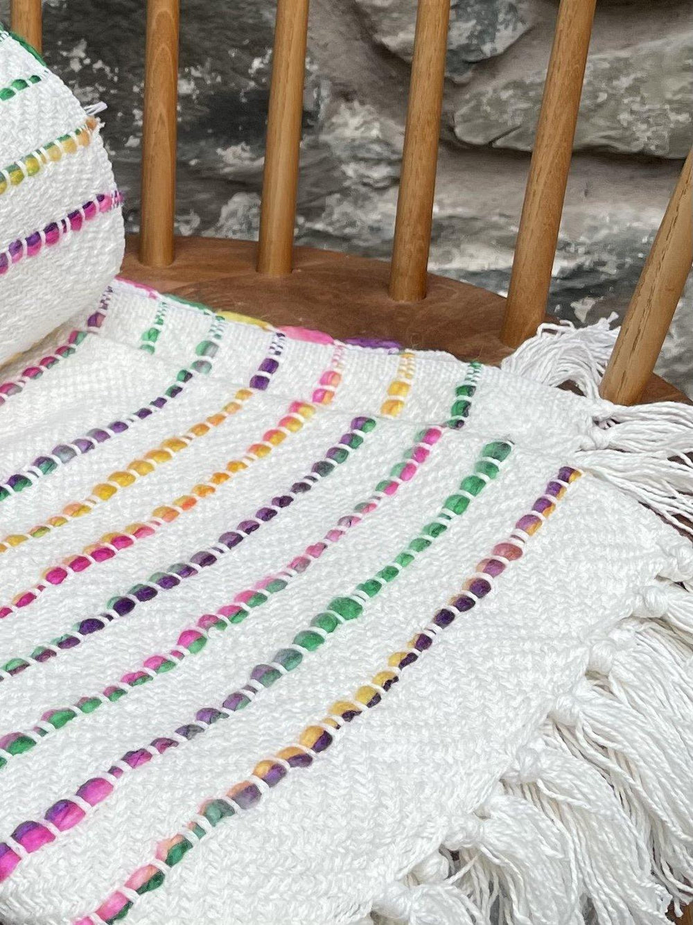 Small Rainbow Throw with White Cotton and Multi Colour Stripes - Second Nature Online