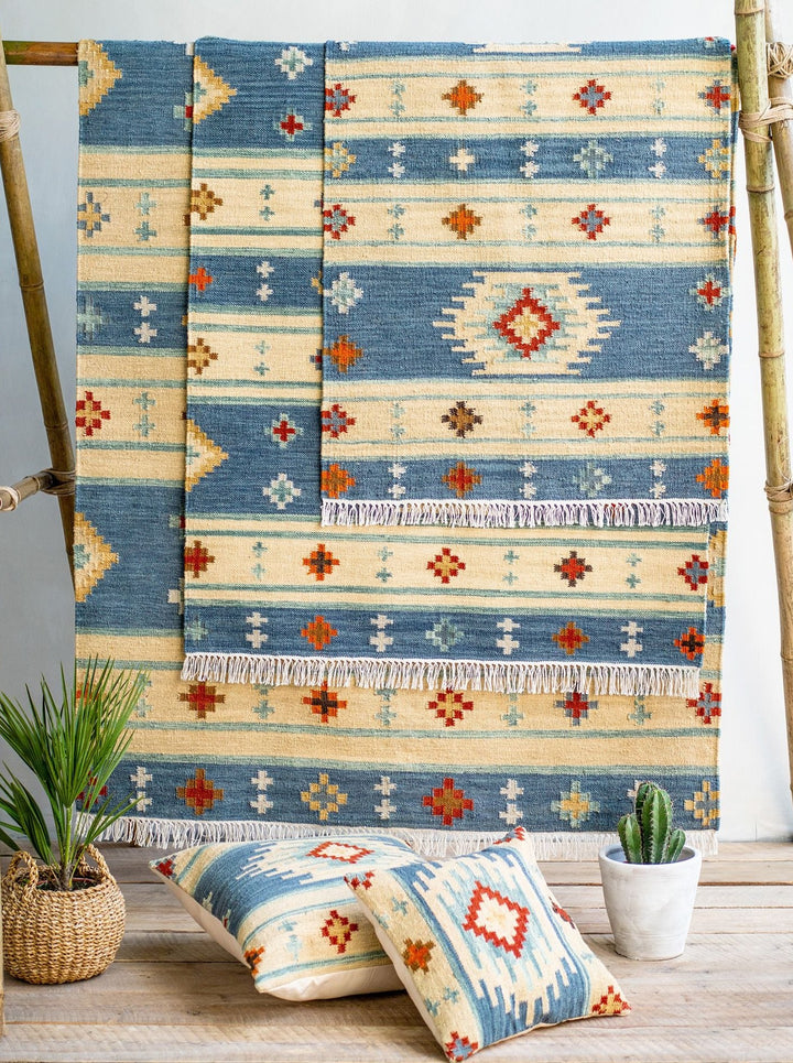 Blue Kilim Rug | Wool and Cotton | Geometric | Small Medium Large