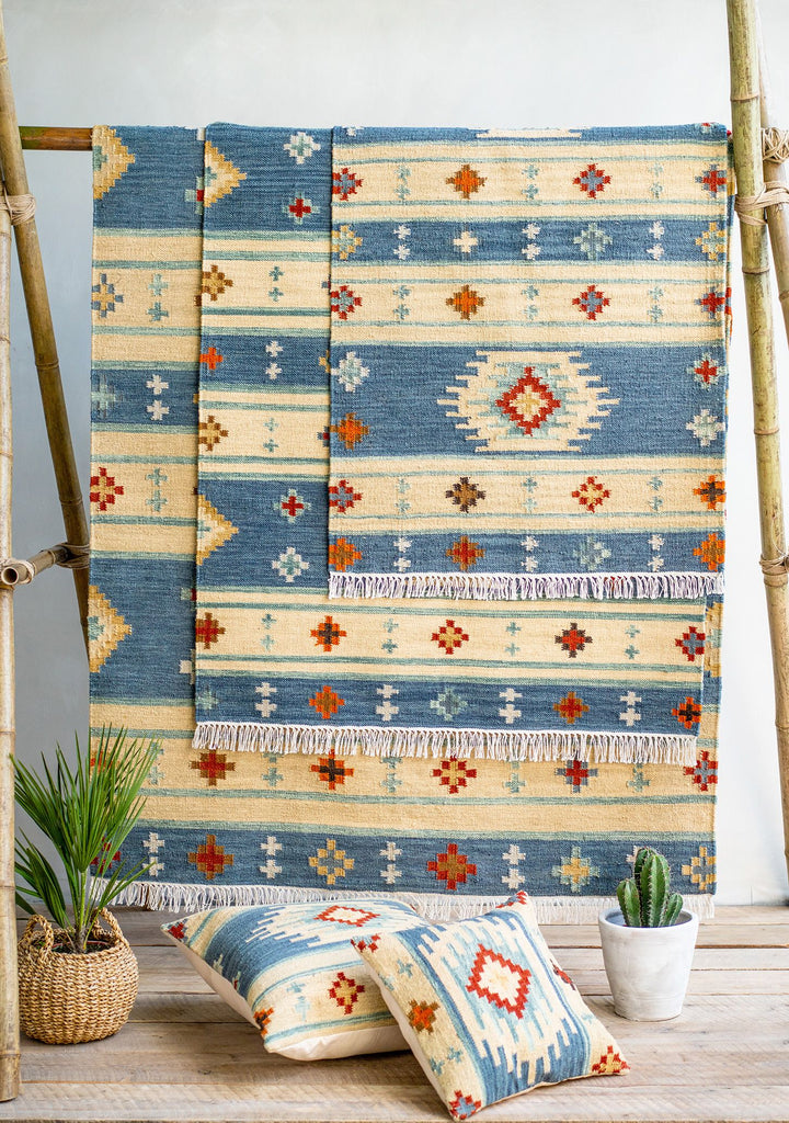 Blue Kilim Rug | Wool and Cotton | Geometric | Small Medium Large