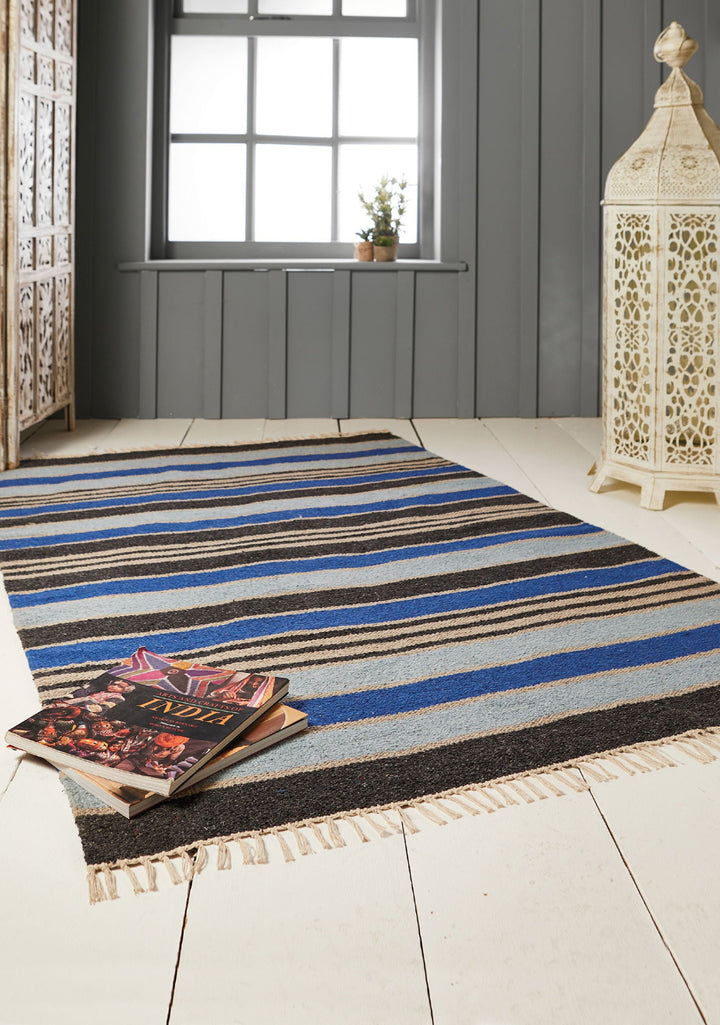 Blue Striped Cotton Rug 75cm x 135cm Second Nature Online Rug