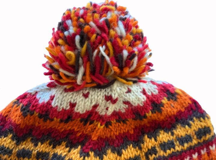 Hand Made Warm Cosy Multi Coloured Orange New Zealand Wool Bobble Hat with Fleece Inner Lining