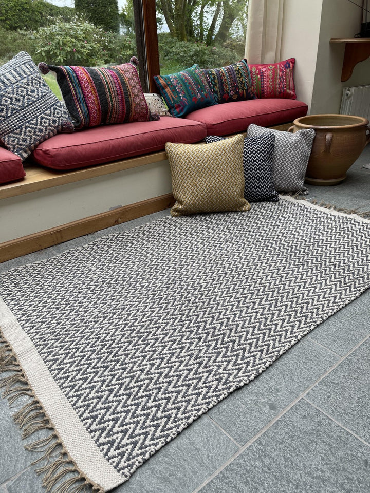 Greta Soft Bedroom Rug Grey Dark Herringbone Pattern - Second Nature Online