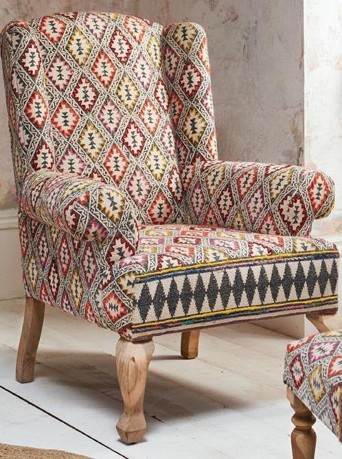 Indian Geometric Block Print Maharaja Upholstered Armchair - Second Nature Online