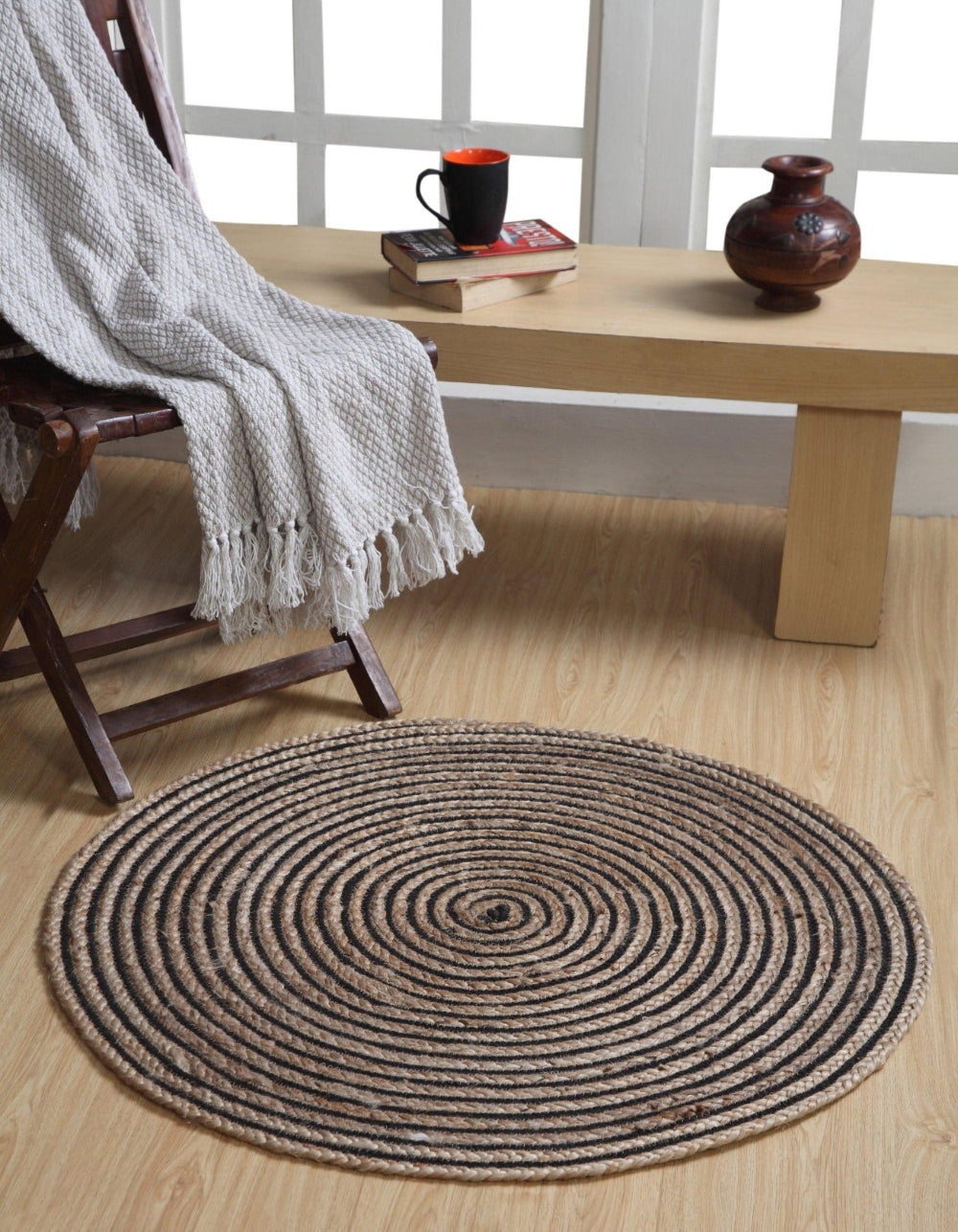 Chakkar Dark Black Striped Round Jute Beige Rug Second Nature Online