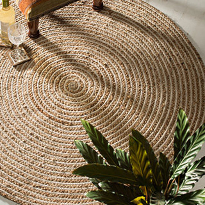 Grand Bazaar Fair Trade Round Natural Beige Braided Jute Cotton Stripe Indian Rug
