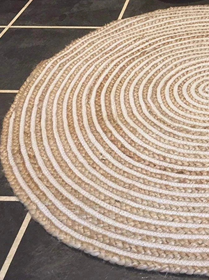 Grand Bazaar Fair Trade Round Natural Beige Braided Jute Cotton Stripe Indian Rug
