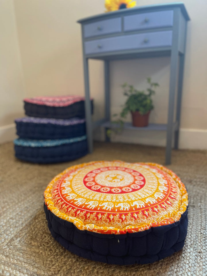 Elephant Yoga Printed Design Cushion Pouffe Floor Cushion Available In Orange, Pink, Blue or Purple