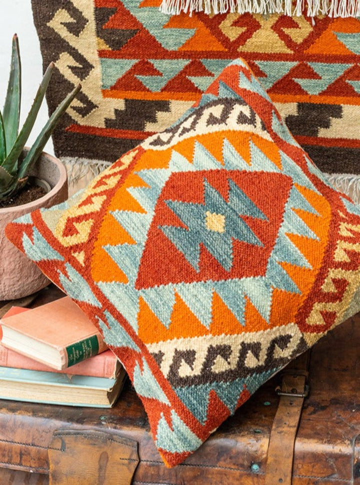 Hand Crafted Diamond Wool and Cotton Multi Colour Blue Terracota Kilim Cushion Cover 50 cm x 50 cm