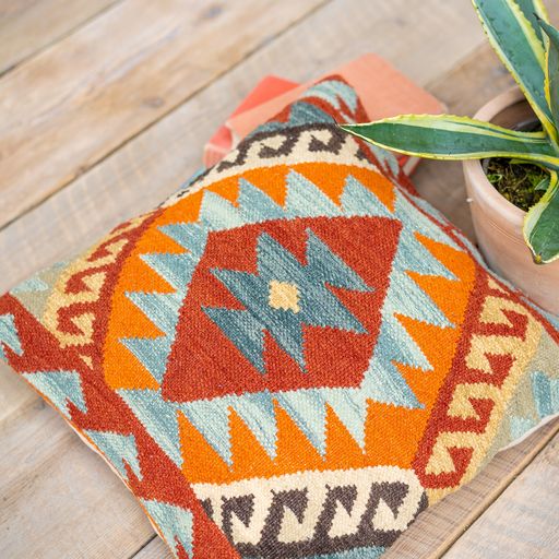 Hand Crafted Diamond Wool and Cotton Multi Colour Blue Terracota Kilim Cushion Cover 50 cm x 50 cm
