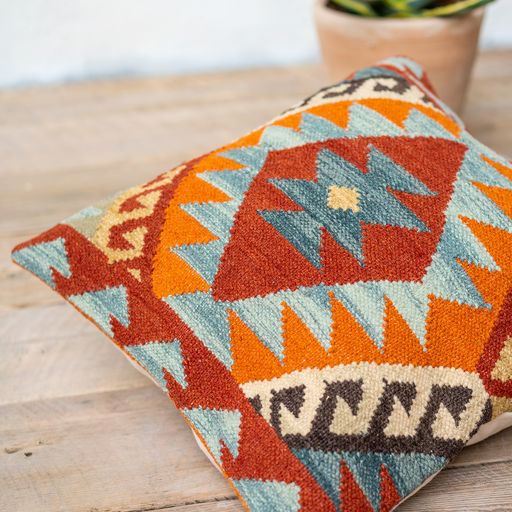 Hand Crafted Diamond Wool and Cotton Multi Colour Blue Terracota Kilim Cushion Cover 50 cm x 50 cm