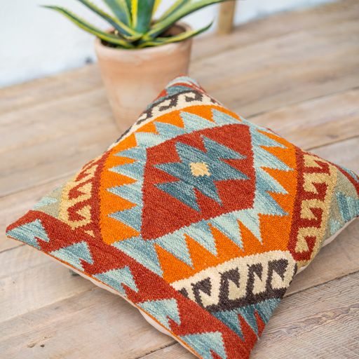 Hand Crafted Diamond Wool and Cotton Multi Colour Blue Terracota Kilim Cushion Cover 50 cm x 50 cm