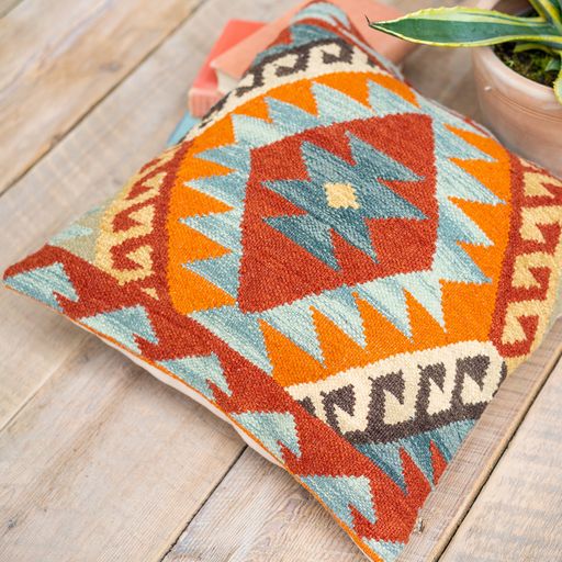 Hand Crafted Diamond Wool and Cotton Multi Colour Blue Terracota Kilim Cushion Cover 50 cm x 50 cm