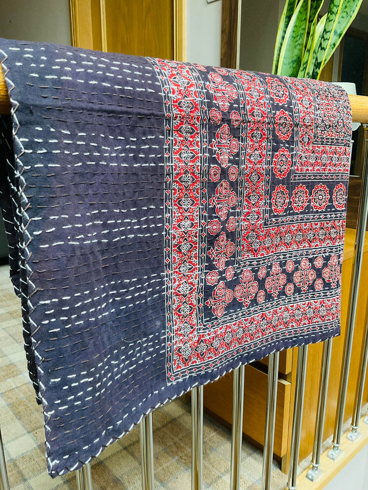 Vintage Indian Kantha Red and Blue Traditional Design Recycled Multi Colour Cotton Throw Bedspread Cover 140 cm x 228 cm