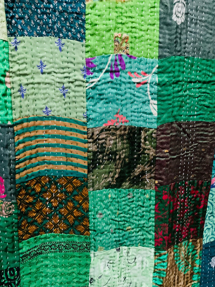 Handmade Indian Kantha Recycled Multi Colour Green Patchwork Cotton Sari Throw Bedspread Cover 150 cm x 229 cm