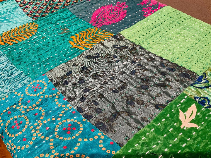 Handmade Indian Kantha Recycled Multi Colour Green Patchwork Cotton Sari Throw Bedspread Cover 150 cm x 229 cm